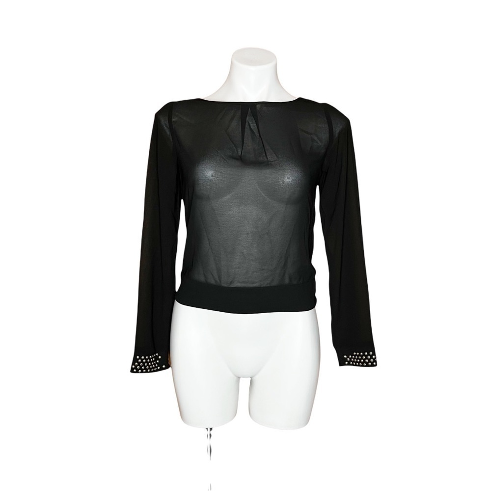 Do & Be Black Sheer Mesh Studded Cuff Blouse Shredded Laser Cut Open Back Top